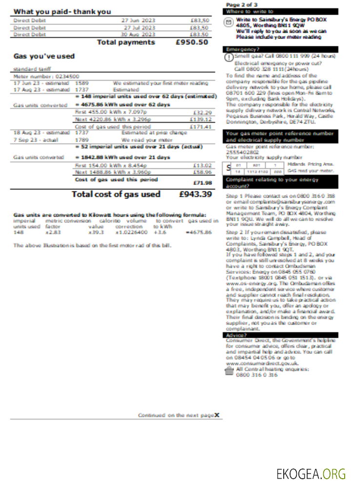 Facture de services publics de Sainsbury Energy (British Gas), page 2. SCR